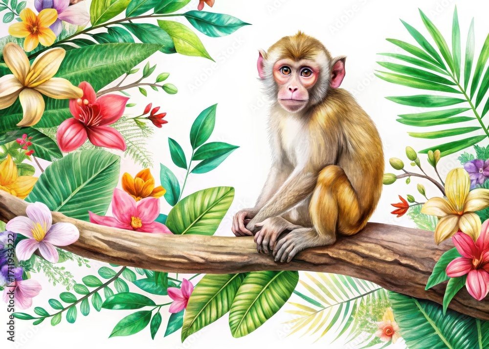 Obraz premium Monkey sitting on tree branch on white background with tropical leaves and colorful flowers
