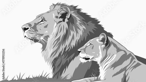 Majestic Lion and Lioness Couple Elegant Monochrome Wildlife Art Profile View.