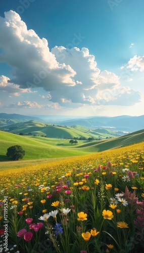 Dramatic Sky Over Rolling Hills and Wildflower Plains A Picturesque Landscape Perfect for Travel and Nature Projects