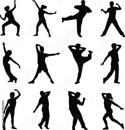 Silhouette people dancing, fitness poses, hip hop dance moves, modern choreography, active lifestyle, fun expression, group dance silhouettes, exercise