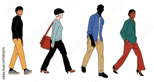 Set of different people walking colored outline drawing. Group of business people walking at city. Casual townspeople crosses the road hand drawn vector illustration isolated