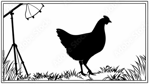 Silhouette of a hen in a grassy field with studio lighting equipment in the background.