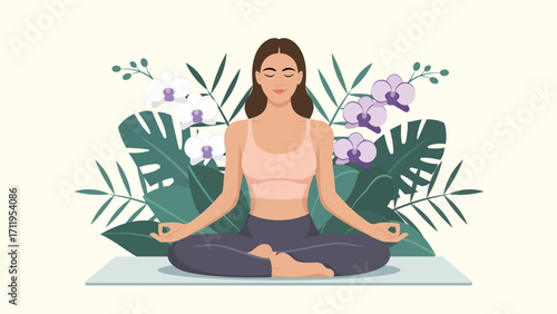 Serene Meditation Woman in Lotus Pose Surrounded by Flowers