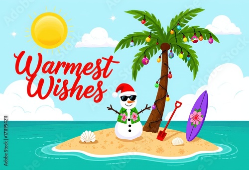 Tropical winter holiday: snowman with palm tree on sunny beach