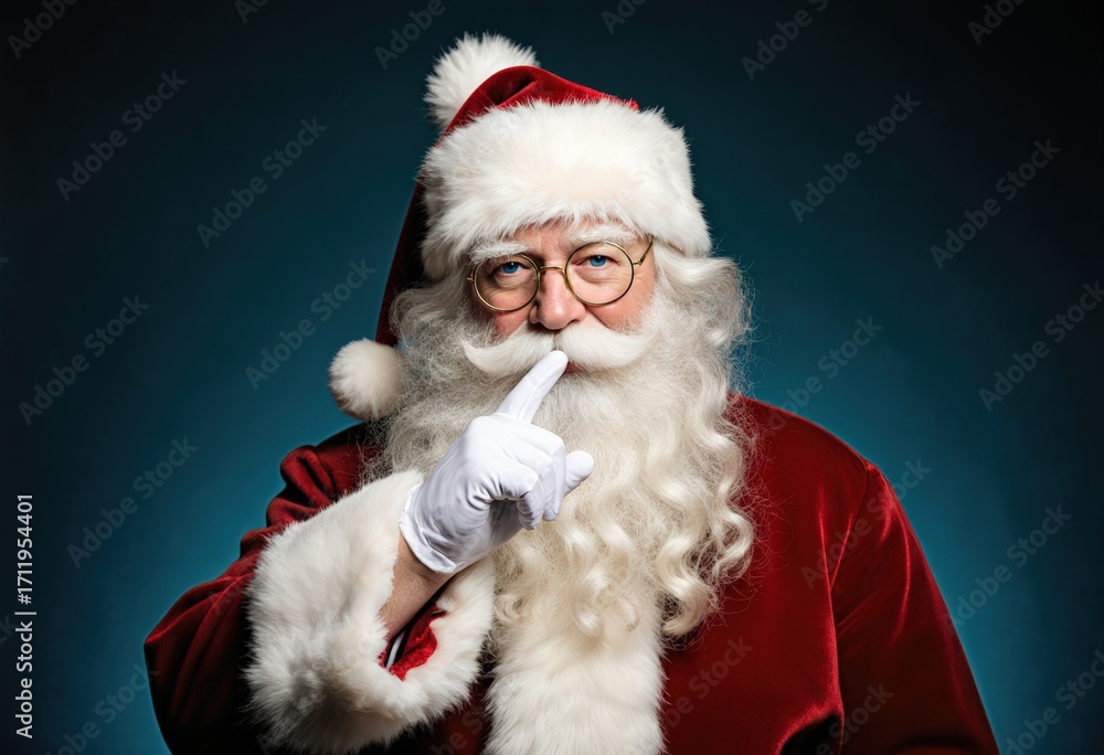 Naklejka premium Elderly caucasian male in santa suit making silence gesture