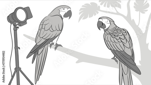 Studio shot of two parrots perched on a branch illuminated by a professional photography light setup.