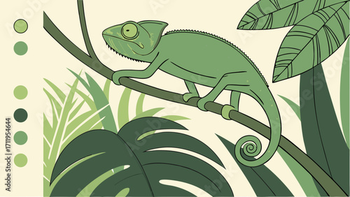 Stylized Chameleon on Branch with Tropical Leaves Green Reptile Illustration Nature Art Cartoon Animal Design.