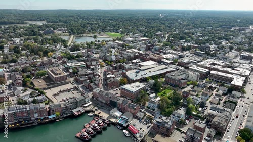 Aerial view of downtown Portsmouth, New Hampshire showcasing historic brick buildings and compact city layout.