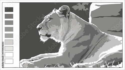 Stylized grayscale illustration of a lioness resting wildlife art vector graphics.