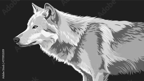 Stylized grayscale wolf portrait wild animal illustration canine profile vector art monochrome wildlife graphic.