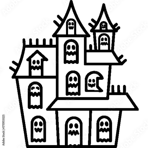Vector art of a haunted house, ghost face on the window. Halloween and horror themed design, suitable for t-shirt prints, stickers, posters and cover art.