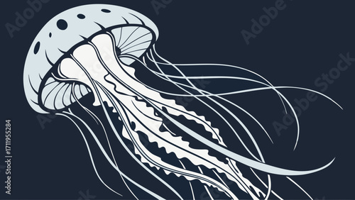 Stylized Jellyfish Illustration Ocean Life Graphic Underwater Animal Art Marine Design Sea Creature Vector Aquatic Abstract Dark Background Monochrome Design Elegant Tentacles Simple Ill.