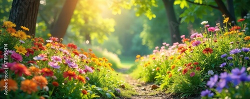 Vibrant summer scene bursting with colorful flowers, lush greenery, and bright sunlight  Perfect for summer themes, travel, nature, and vibrant backgrounds ,  sunny,  joy,  summer vibes