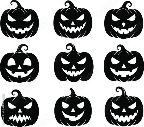 Halloween pumpkin silhouettes, jack-o'-lantern faces, spooky decoration icons, black graphic design, festive carving expressions, scary holiday art, autumn celebration