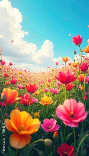 Vibrant Flower Field Blooming Under a Colorful Sky  Natures Imagination in Full Bloom