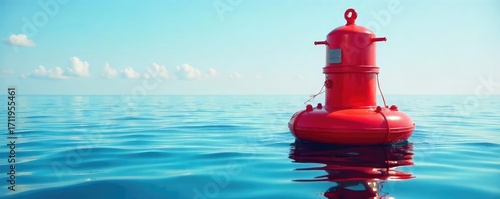 Vibrant red buoy bobbing gently on a calm ocean surface, sunlight reflecting off its polished surface  A tranquil scene of nature's beauty and nautical markers , buoy, nautical