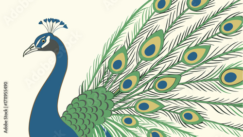 Stylized Peacock with Elegant Tail Feathers Bird Illustration Green and Blue Avian Design Nature Art Decorative Bird Print.