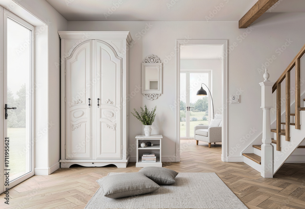 Obraz premium An elegant, ornate white armoire with classic carved details stands in a bright and airy bedroom, epitomizing romantic French country and shabby chic design styles. 