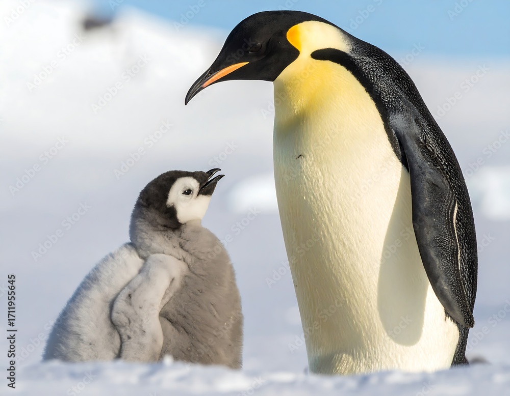Fototapeta premium Emperor penguin and chick in snowy landscape