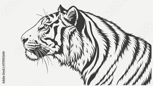 Stylized Tiger Head Profile Wild Cat Vector Illustration Black and White Graphic Design Big Cat Art Wildlife Image for Print Tattoo Design Logo Branding.