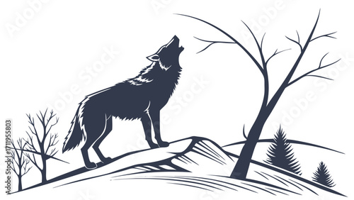 Stylized Wolf Howling on a Hilltop Wild Animal Silhouette Nature Illustration for Logo Design T-shirt Print and More.