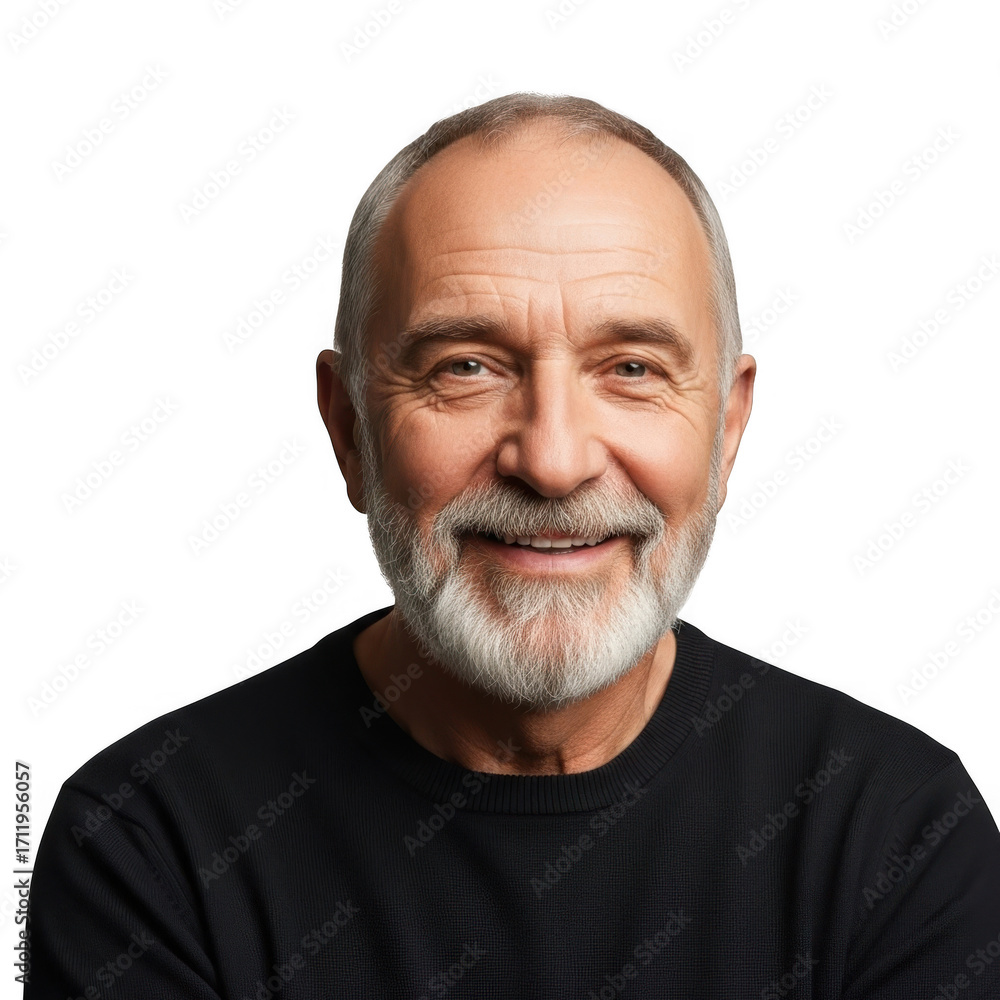 Obraz premium Smiling older man with white beard and black shirt isolated on transparent background