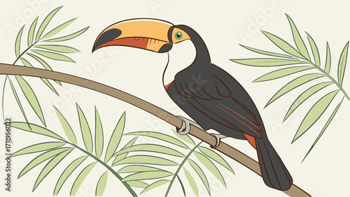 Toucan Bird on Branch with Tropical Leaves Illustration Graphic Nature Wildlife Animal Tropical Exotic Bird Perched Branch Leaves Palm Leaves Jungle Rainforest Design Element Decor.