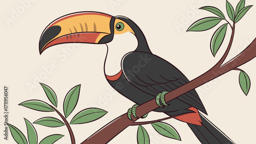 Tropical Bird Perched on Branch Colorful Toucan Illustration Exotic Wildlife Art Nature Design for Print Poster Card.