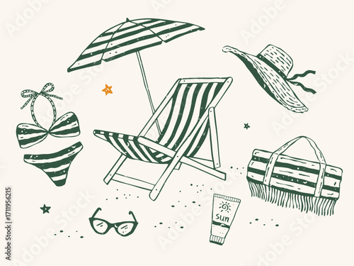 Textured monochrome doodle vector set of beach essentials: sunbed with umbrella, hat, bikini, sunglasses, sunscreen, and beach mat for summer relaxation