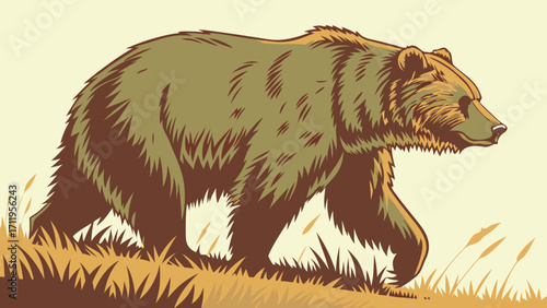 Walking Bear in Grassland Wild Animal Illustration Vintage Style Graphic.