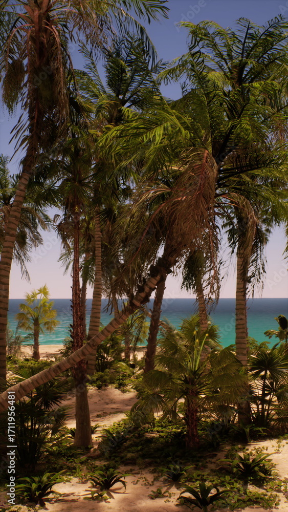 Obraz premium Palm trees stand tall on a sandy beach with the ocean in the background under a clear sky.