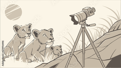 Wildlife Photography Three Lion Cubs Observed with Professional Camera on Tripod.