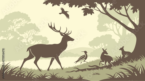 Wildlife Silhouette in Forest Deer Fawn Birds Nature Illustration Vector Graphic.