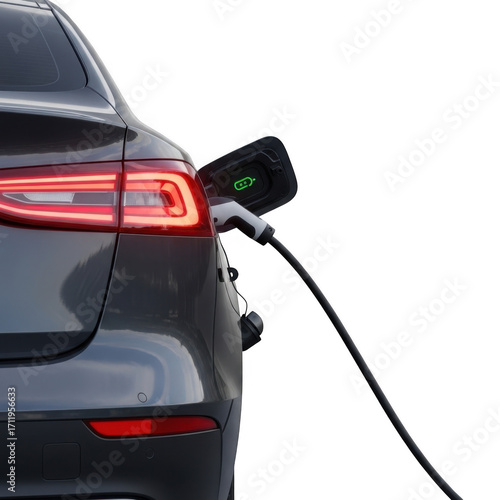 Electric car charging port with plug inserted isolated on transparent background