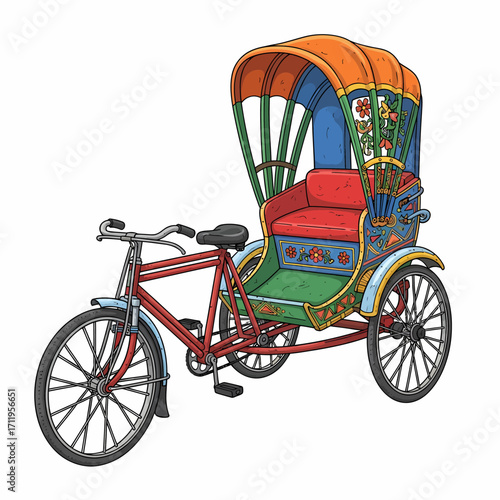 Colorful hand-drawn illustration of a traditional Indian bicycle rickshaw.