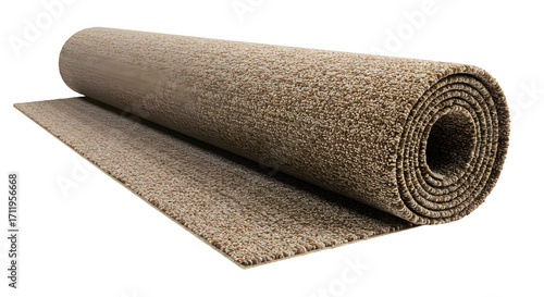 Beige textured rug rolls up on a dark surface. Use for interior design, presentations, backdrops, or product showcase.