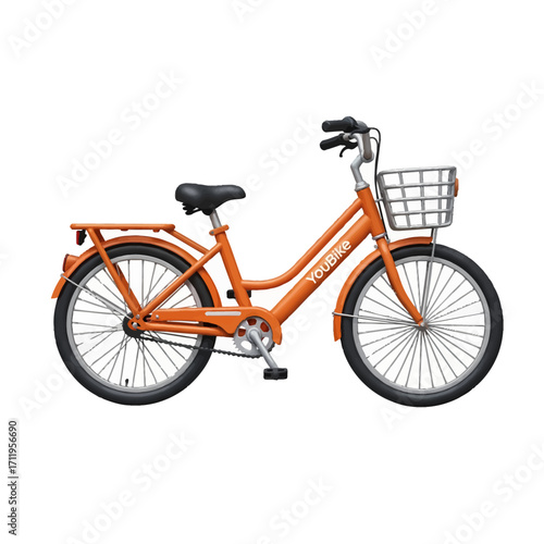 An orange public share bicycle with a front basket and rear rack, isolated on a white background.