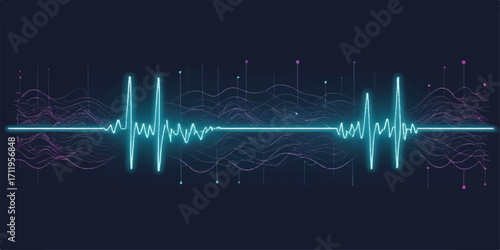 Abstract medical technology illustration: blue background with a green heartbeat pulse wave forming a heart shape on a monitor screen