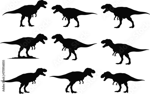 Tyrannosaurus rex silhouettes, dinosaur poses, prehistoric animal vector, fossil reptile art, Jurassic 