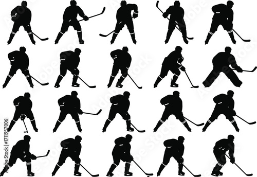 Hockey player silhouettes, ice sports action, black graphic icons, skating poses, stick handling, goalie stance, athletic movement, winter game illustration