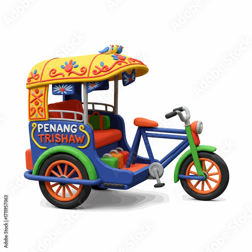 Cartoon illustration of a colorful Penang Trishaw, a type of cycle rickshaw.