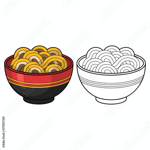 noodles, ramen, bowl, chopsticks, vector, clipart, food, Asian, cuisine, steaming, soup, hot, illustration, graphic, minimal, modern, red, appetizing, delicious, dinner, lunch, kitchen, design, flat, 