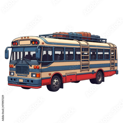 A vintage-style bus with luggage racks on top and a ladder on the side, rendered in a detailed illustration.