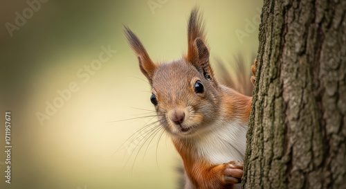 Curious Red Squirrel Peeking from Behind a Tree Trunk in Autumn