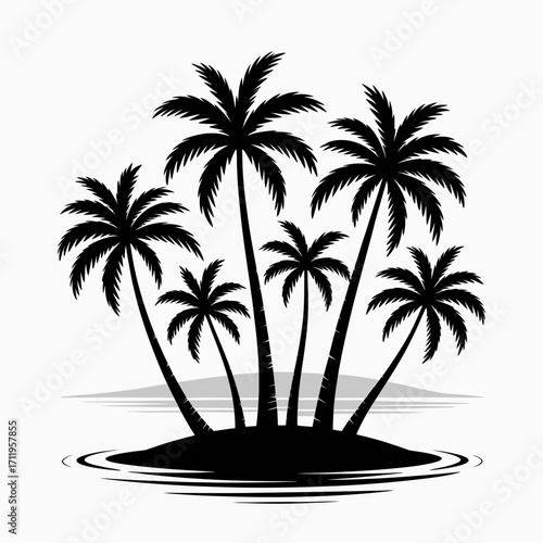 palm, tree, island, tropical, beach, silhouette, paradise, exotic, ocean, coast, seaside, nature, illustration, vector, graphic, black, shadow, scenery, landscape, vacation, travel, summer, resort, ge
