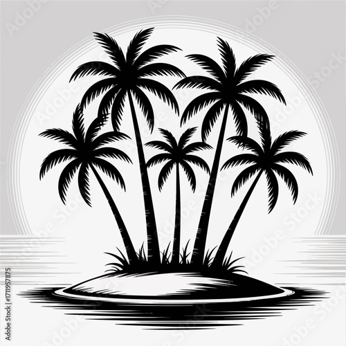 palm, tree, island, tropical, beach, silhouette, paradise, exotic, ocean, coast, seaside, nature, illustration, vector, graphic, black, shadow, scenery, landscape, vacation, travel, summer, resort, ge