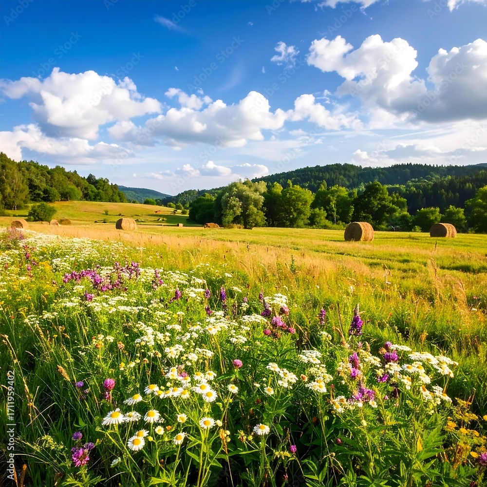Obraz premium A sunny meadow with wildflowers and hay bales