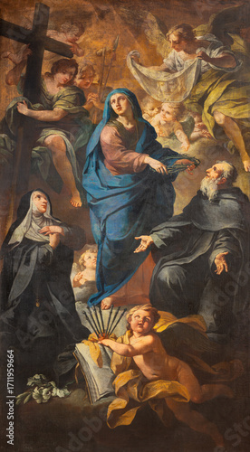 Florence - The painting of Virgin Mary with saints and symbols of Crucifixion in the church  Basilica della Santissima Annunziata by Matteo Rosselli (1605).