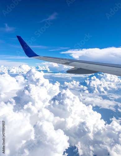 Airplane wing over a vast expanse of clouds