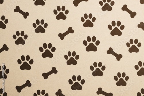 Seamless pattern of dark dog paw prints and bones on light textured background for pet-themed decoration or packaging design. Ai generative. Ai generative